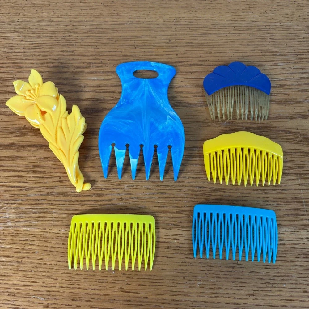 Vintage 80s 90s Hair Accessory Lot 6pc Floral Clip Blue Yellow